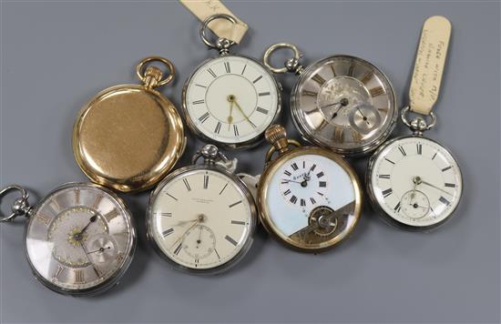 Five silver cased pocket watches, repeater (gold plated) and another pocket watch.